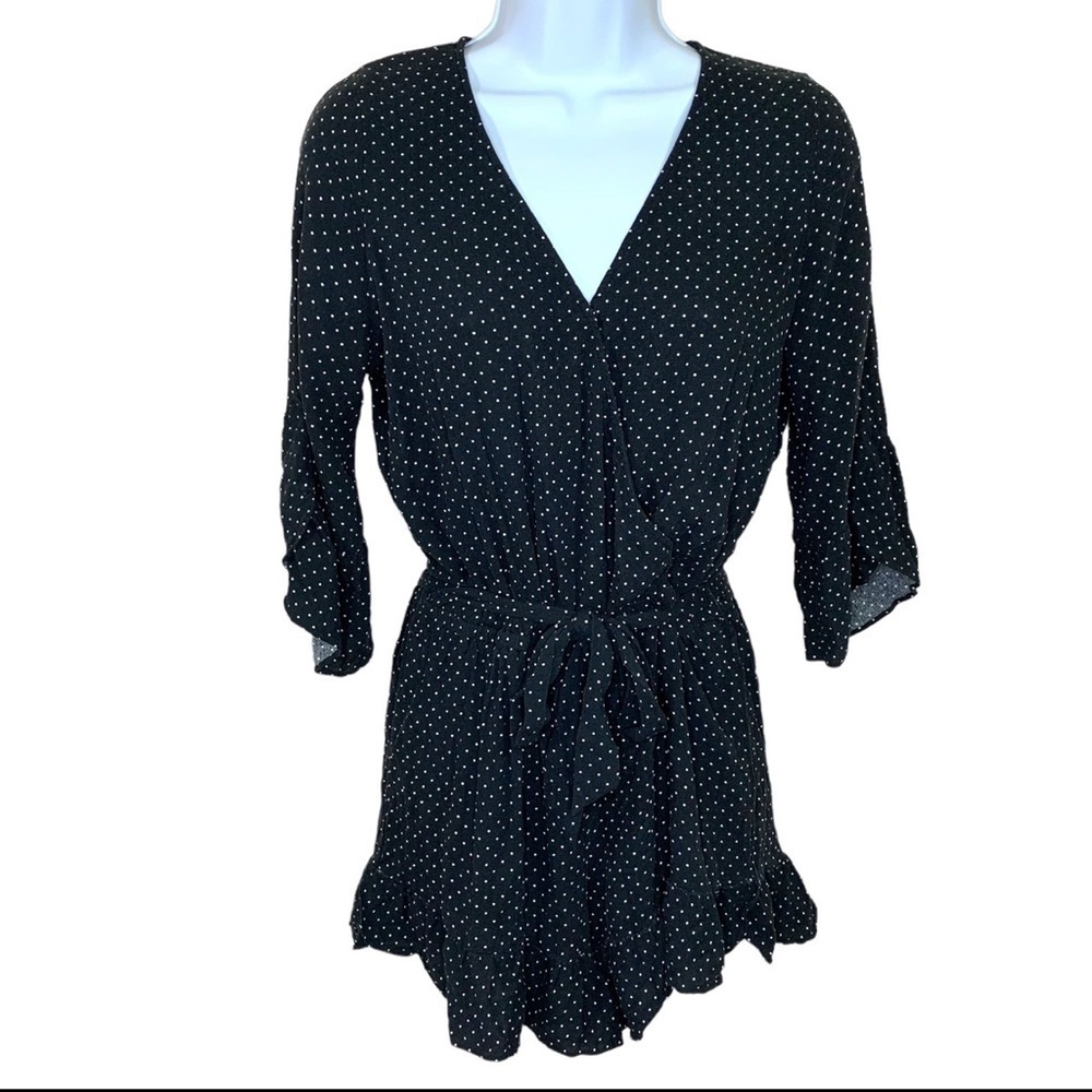 XS Black White Polka Dot Romper Ruffle Accent Belted Who What Wear Retro